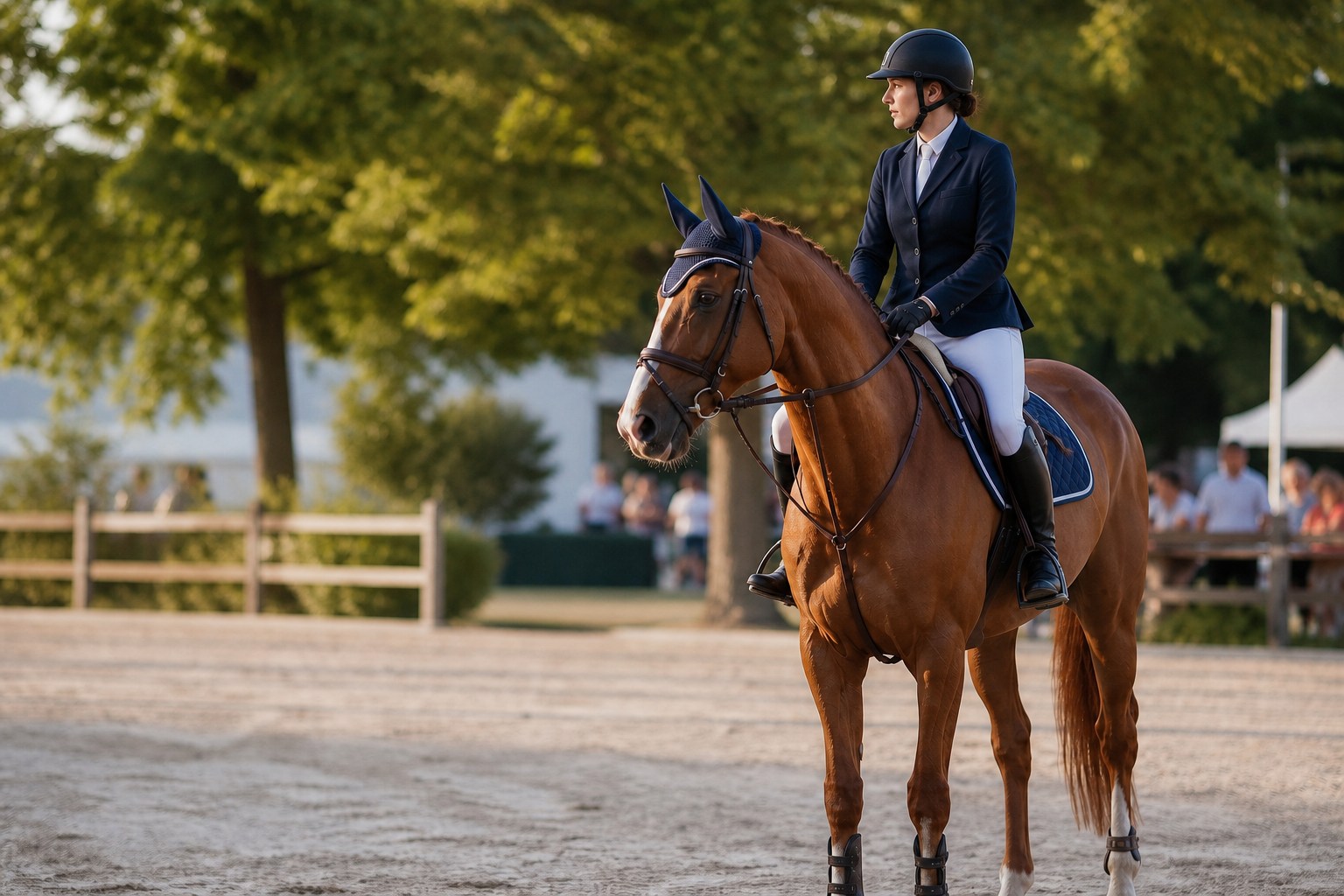 Woman show-jumping rider and chestnut horse waiting calmly beside the competition arena
