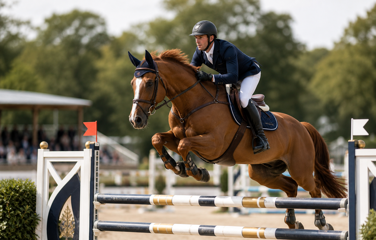 Chestnut horse and rider in navy competition clothing clearing a show-jumping fence