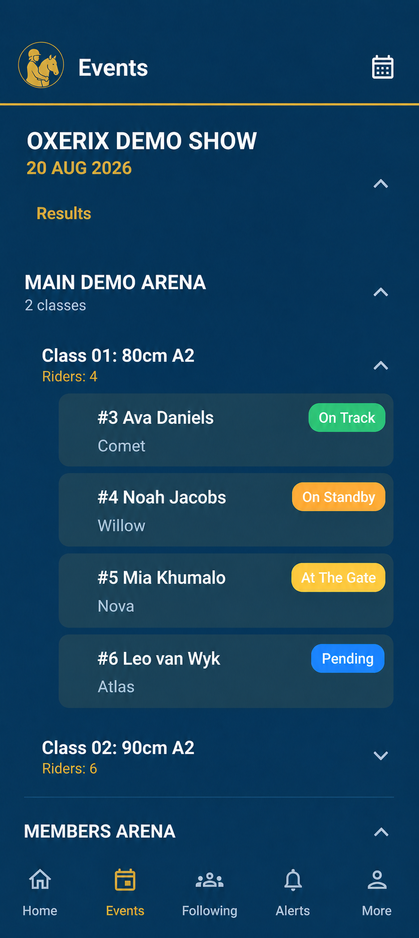 Oxerix Events demo using subtle navy highlights without horse icons