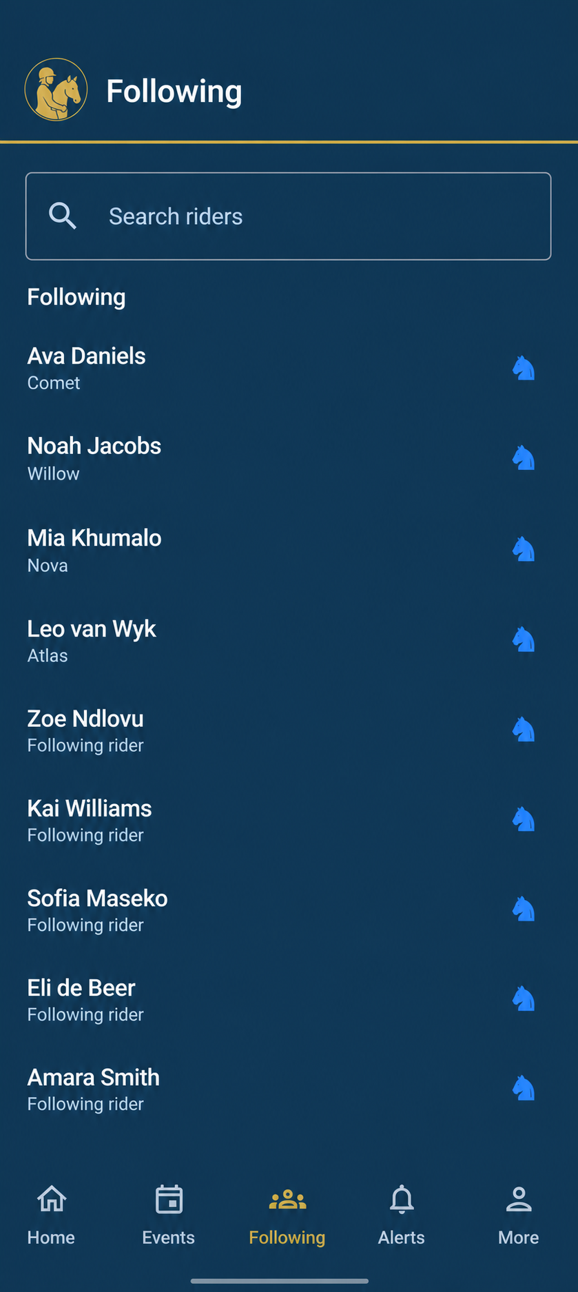 Oxerix Following demo using horse icons to indicate fictional followed riders