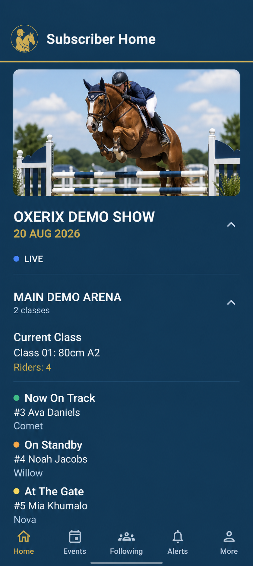 Oxerix home demo with fictional show, arena and class information